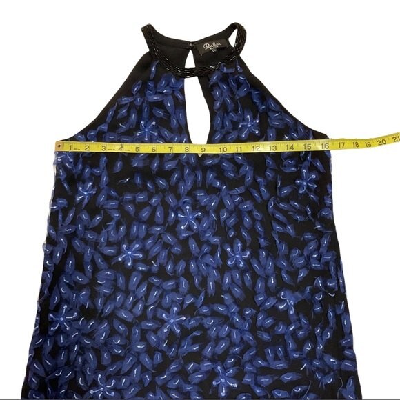Parker Black Abstract Embellished Mini Halter Cocktail Dress 2 Black Blue Floral - Picture 6 of 9